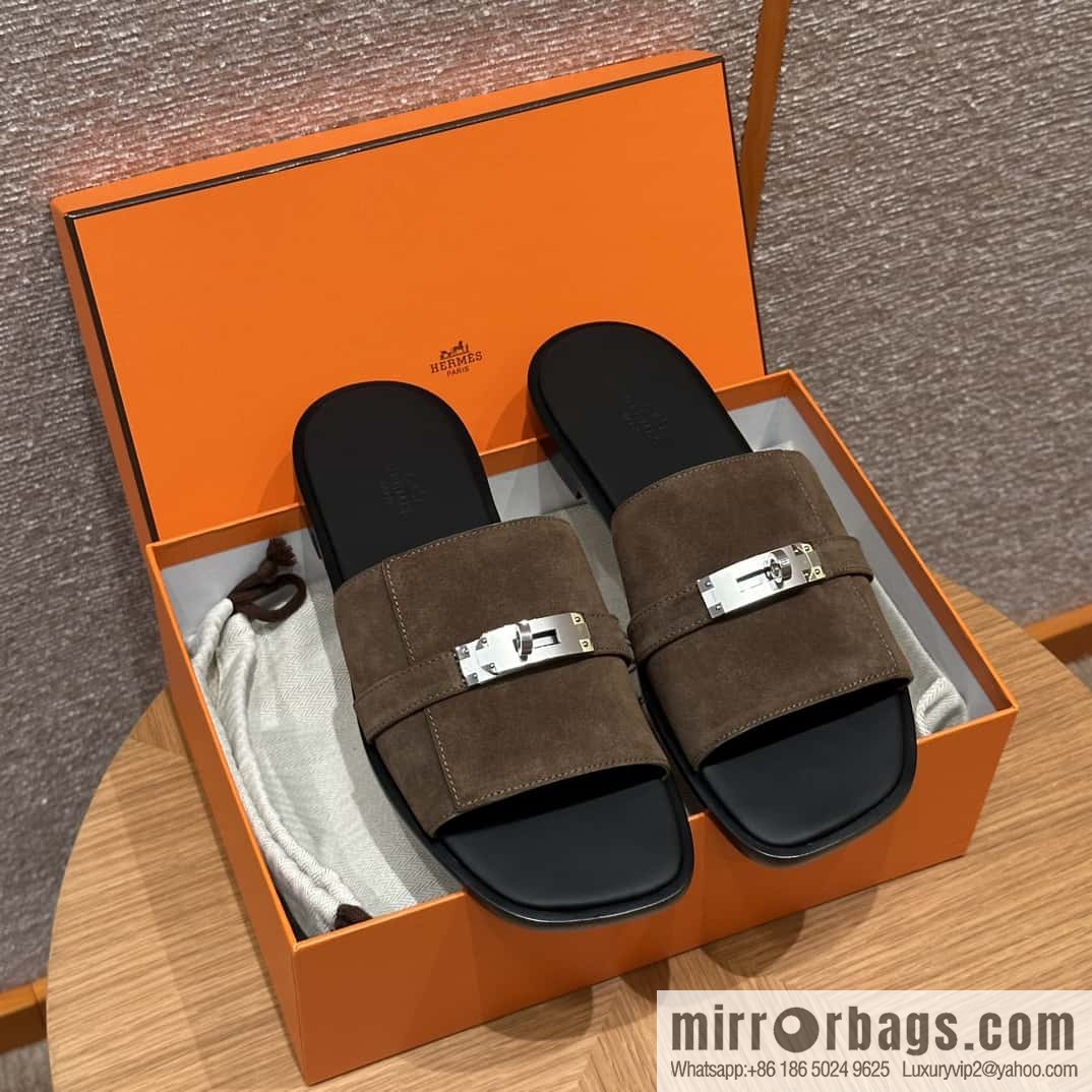 HERMES 183 GABRIEL Men's sandals, suede/Chamois leather brown/brown