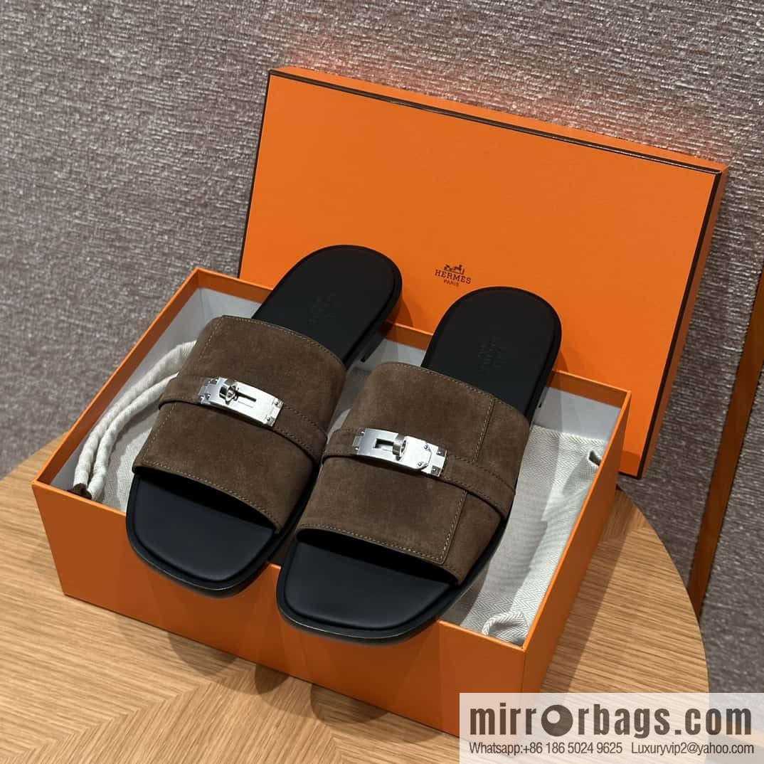 HERMES 183 GABRIEL Men's sandals, suede/Chamois leather brown/brown