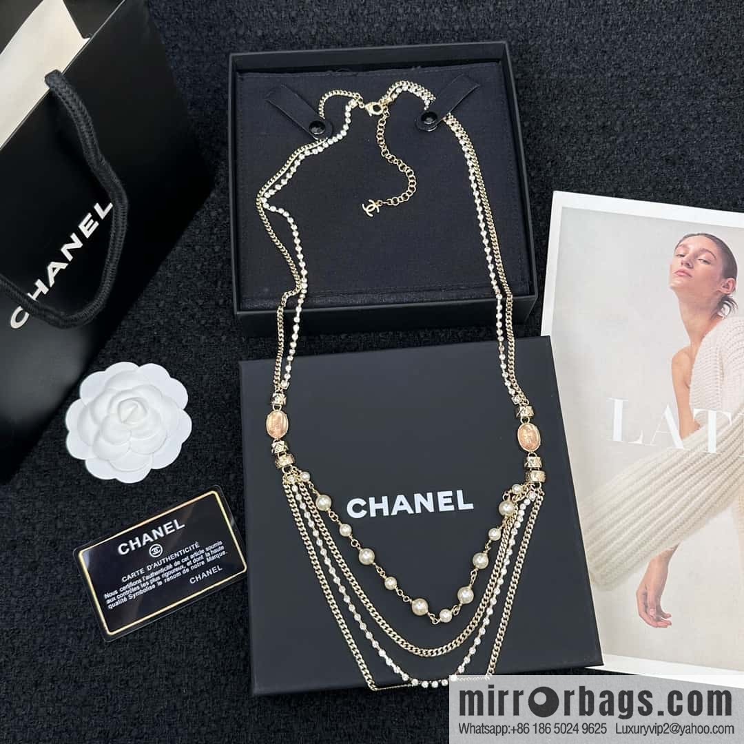 ❗️New ❗️☀️ New ☑️ Chanel Double C Pink Gem Multi-layer Pearl Necklace Sweater Chain ☀️