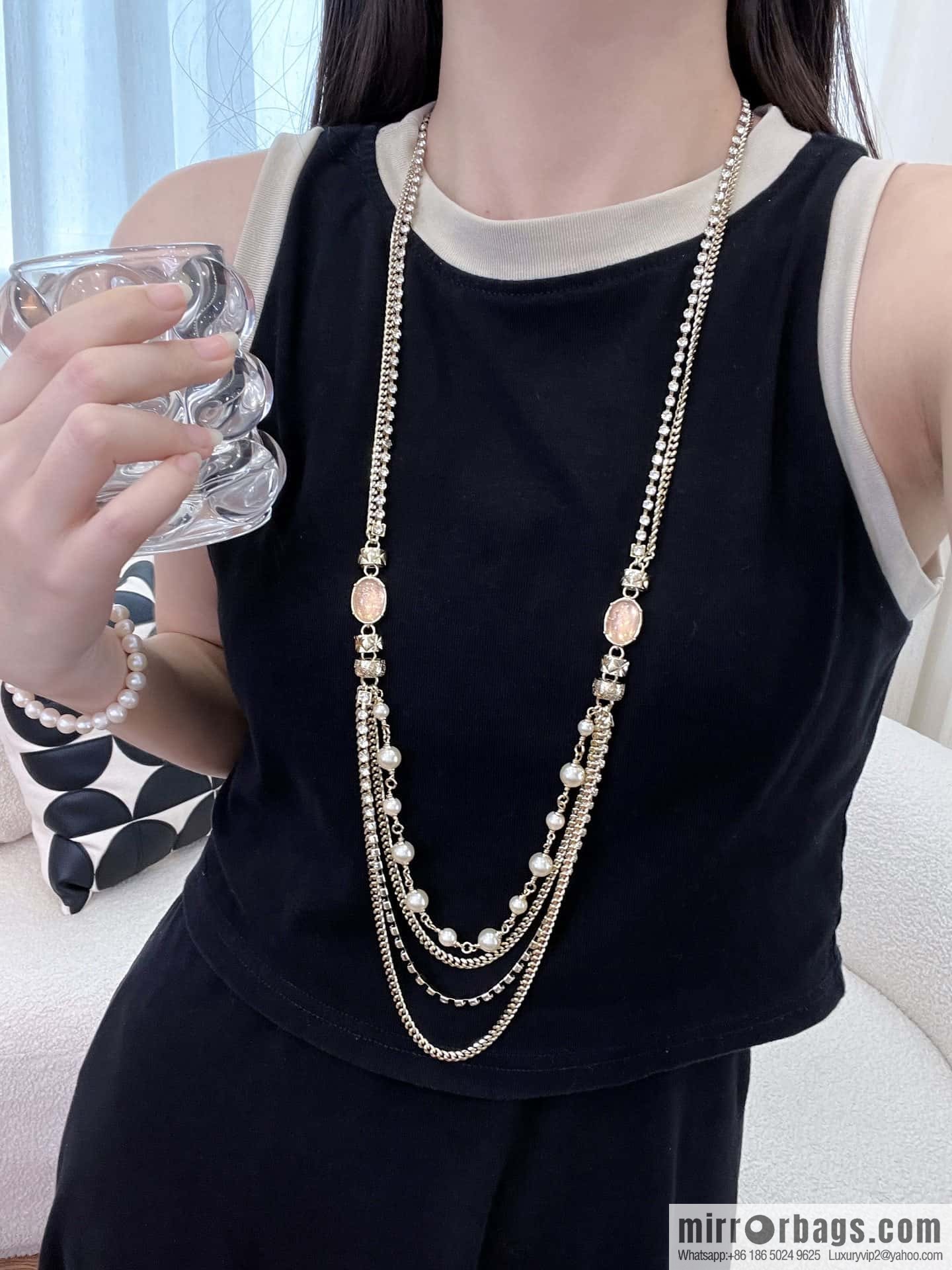 ❗️New ❗️☀️ New ☑️ Chanel Double C Pink Gem Multi-layer Pearl Necklace Sweater Chain ☀️