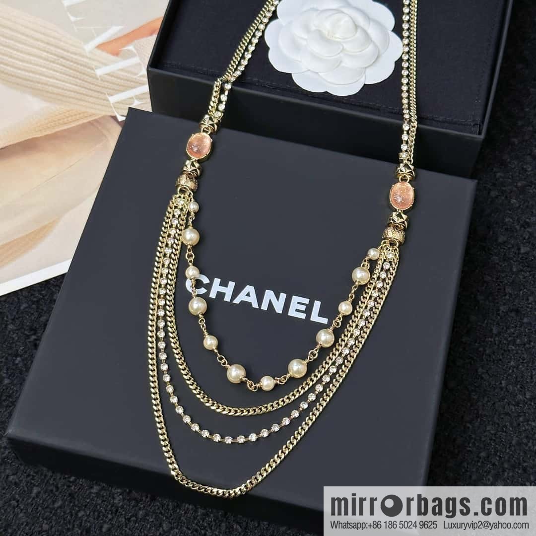 ❗️New ❗️☀️ New ☑️ Chanel Double C Pink Gem Multi-layer Pearl Necklace Sweater Chain ☀️
