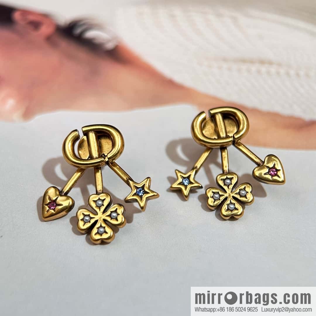 New ☑️ DIOR Dior CD Four Leaf Clover Peach Heart Pentagram Earrings