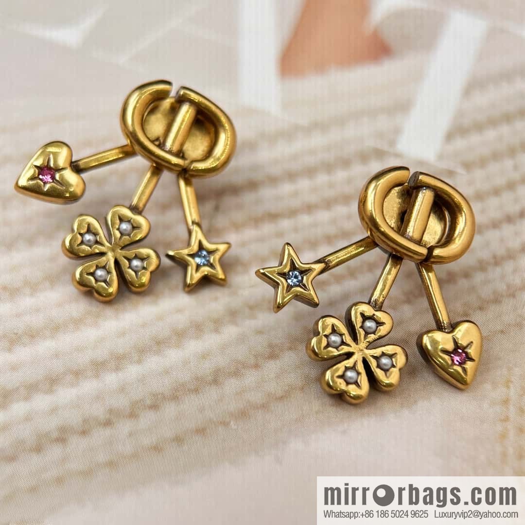 New ☑️ DIOR Dior CD Four Leaf Clover Peach Heart Pentagram Earrings