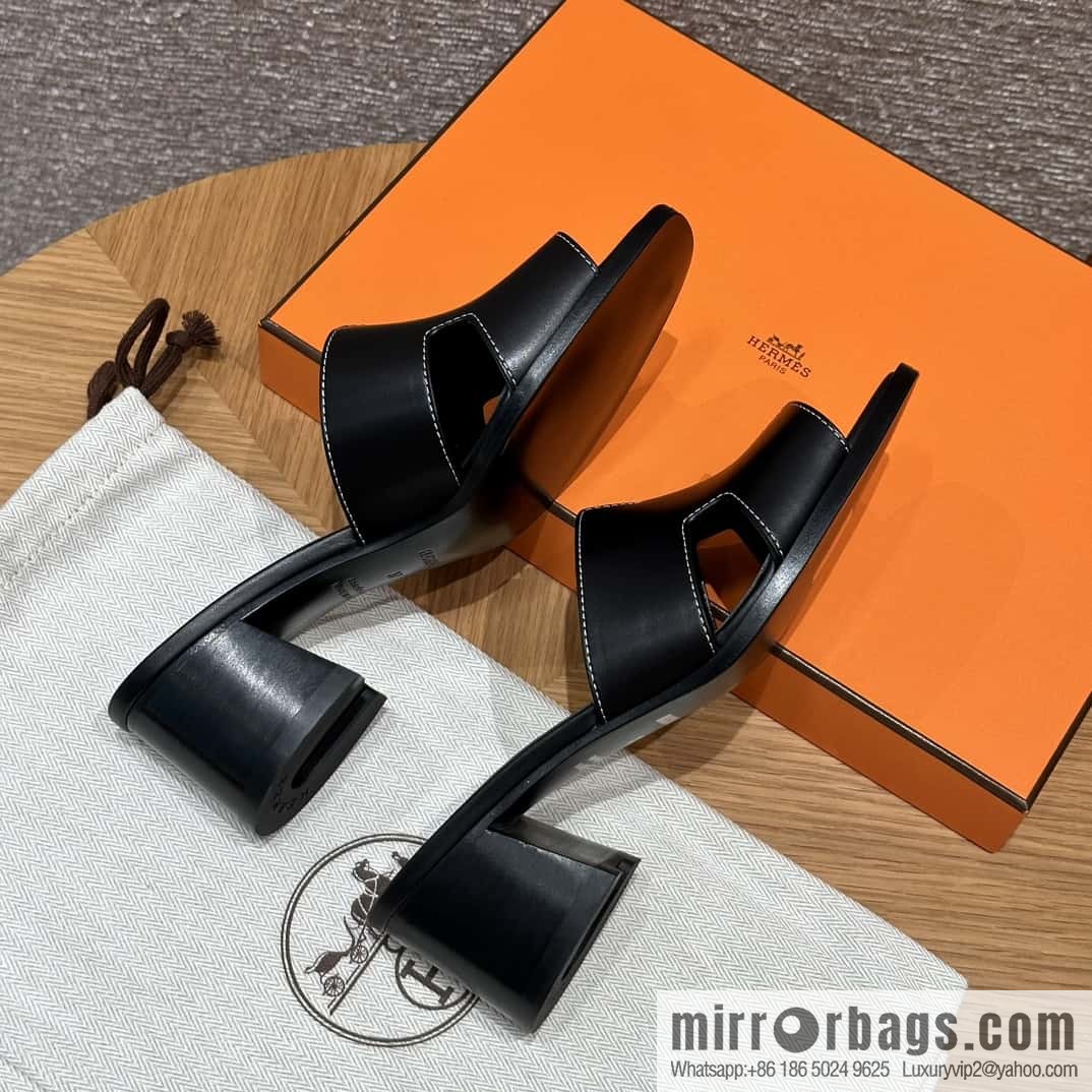 HERMES 308 Helia 60 Sandals, Calfskin/Calfskin Black/89/Black