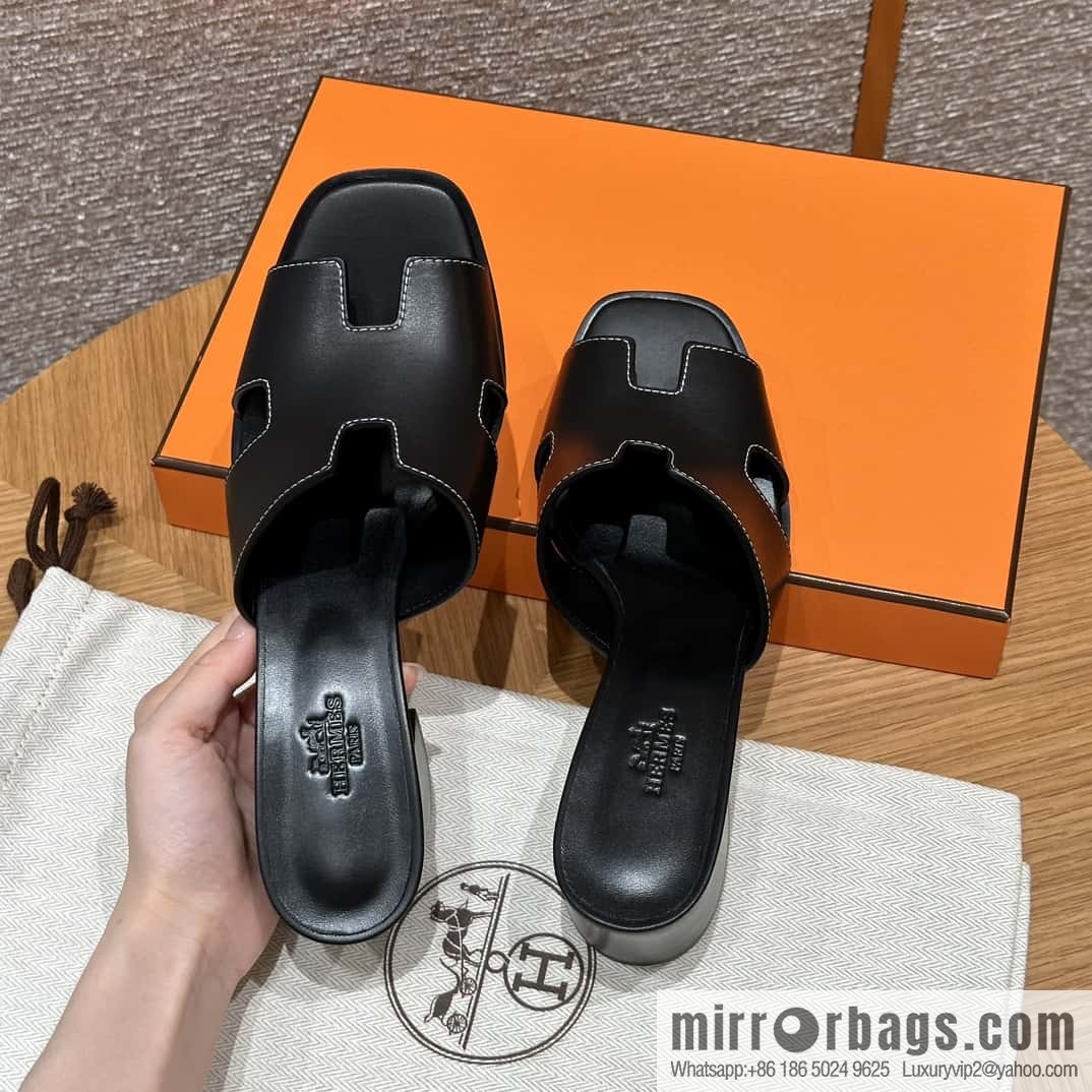 HERMES 308 Helia 60 Sandals, Calfskin/Calfskin Black/89/Black