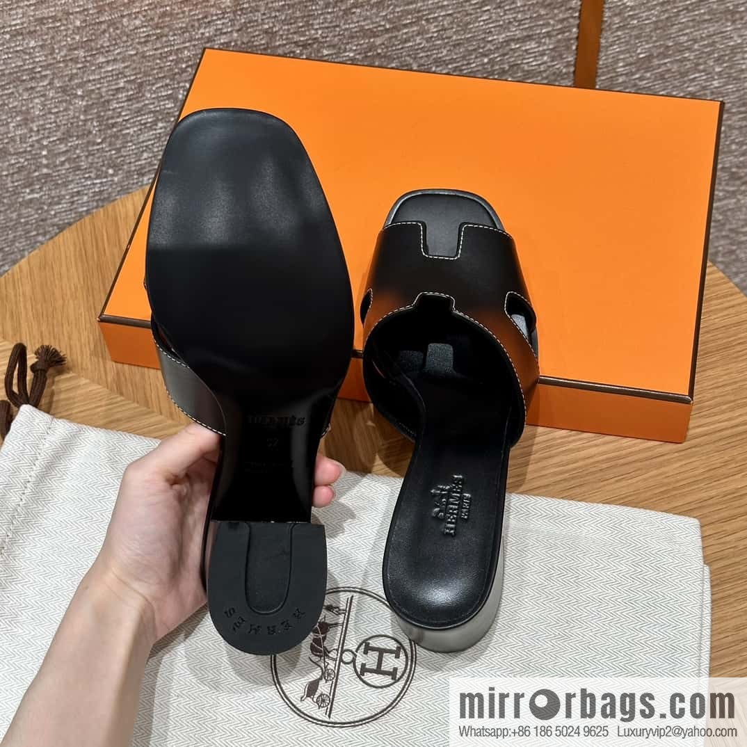 HERMES 308 Helia 60 Sandals, Calfskin/Calfskin Black/89/Black