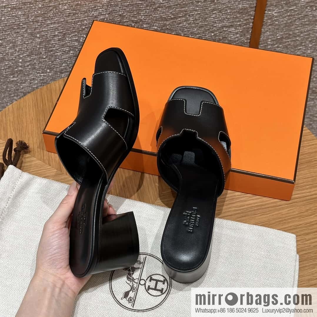 HERMES 308 Helia 60 Sandals, Calfskin/Calfskin Black/89/Black