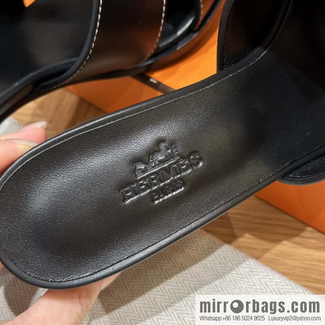 HERMES 308 Helia 60 Sandals, Calfskin/Calfskin Black/89/Black