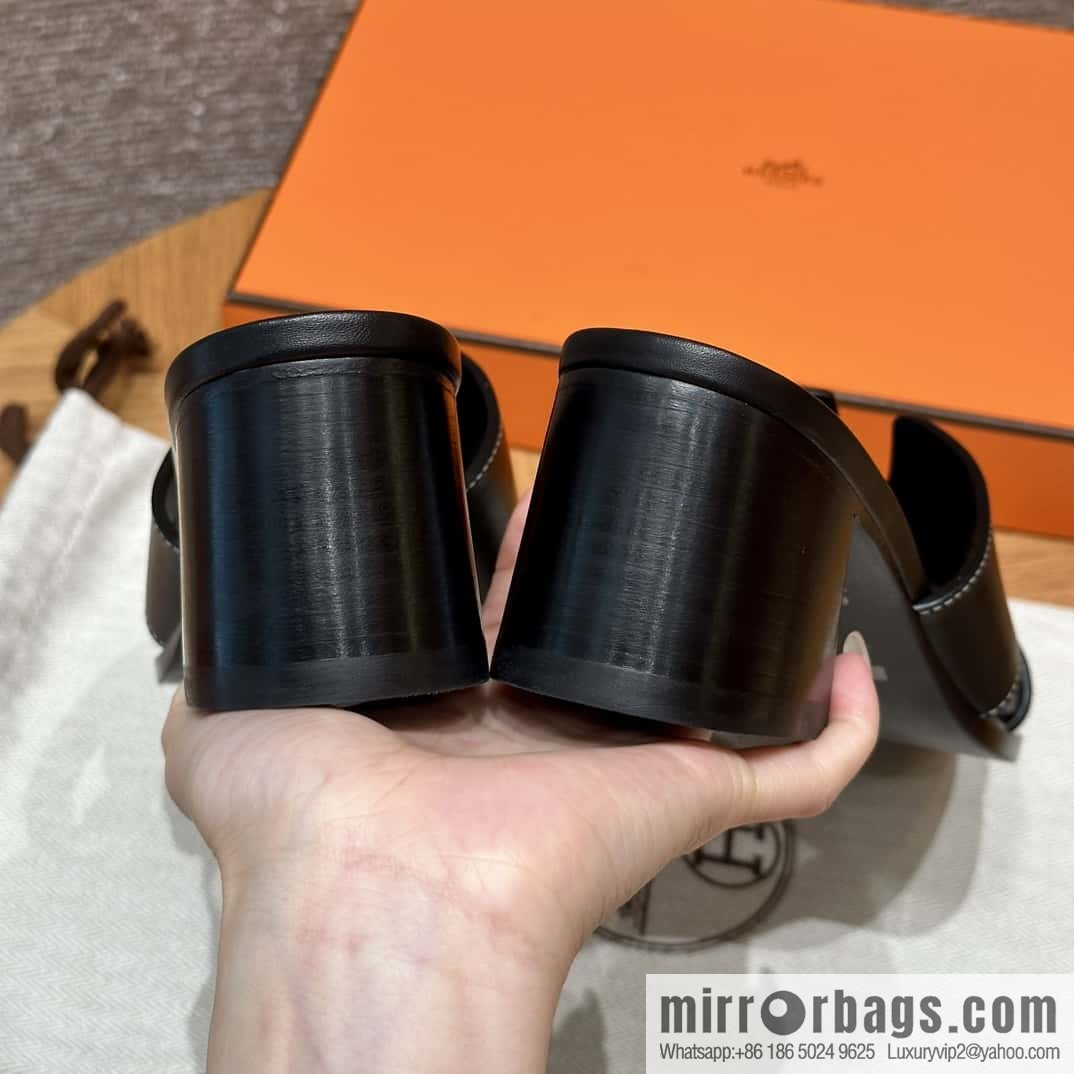 HERMES 308 Helia 60 Sandals, Calfskin/Calfskin Black/89/Black
