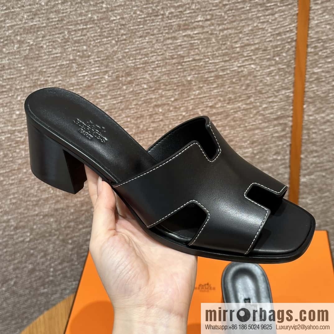 HERMES 308 Helia 60 Sandals, Calfskin/Calfskin Black/89/Black
