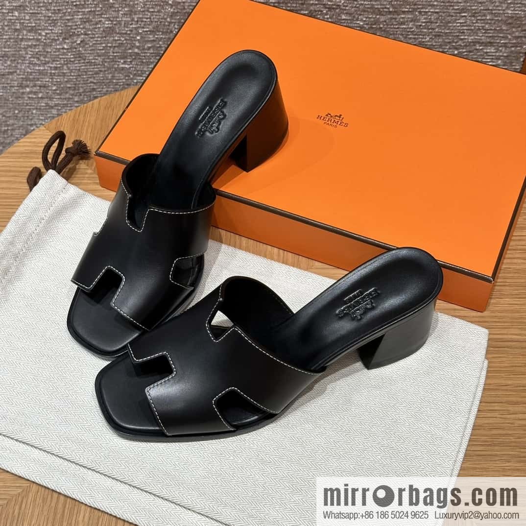 HERMES 308 Helia 60 Sandals, Calfskin/Calfskin Black/89/Black