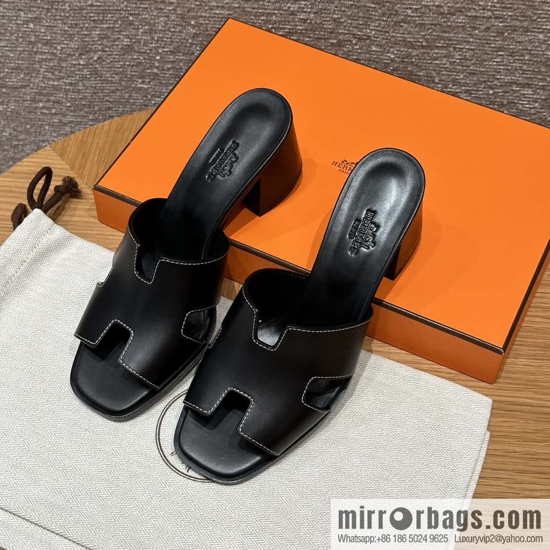 HERMES 308 Helia 60 Sandals, Calfskin/Calfskin Black/89/Black