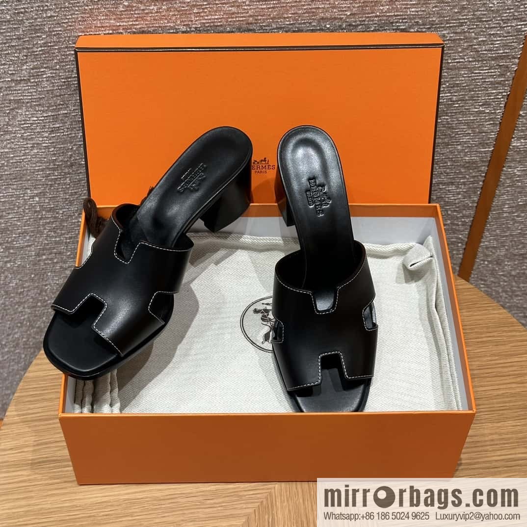 HERMES 308 Helia 60 Sandals, Calfskin/Calfskin Black/89/Black