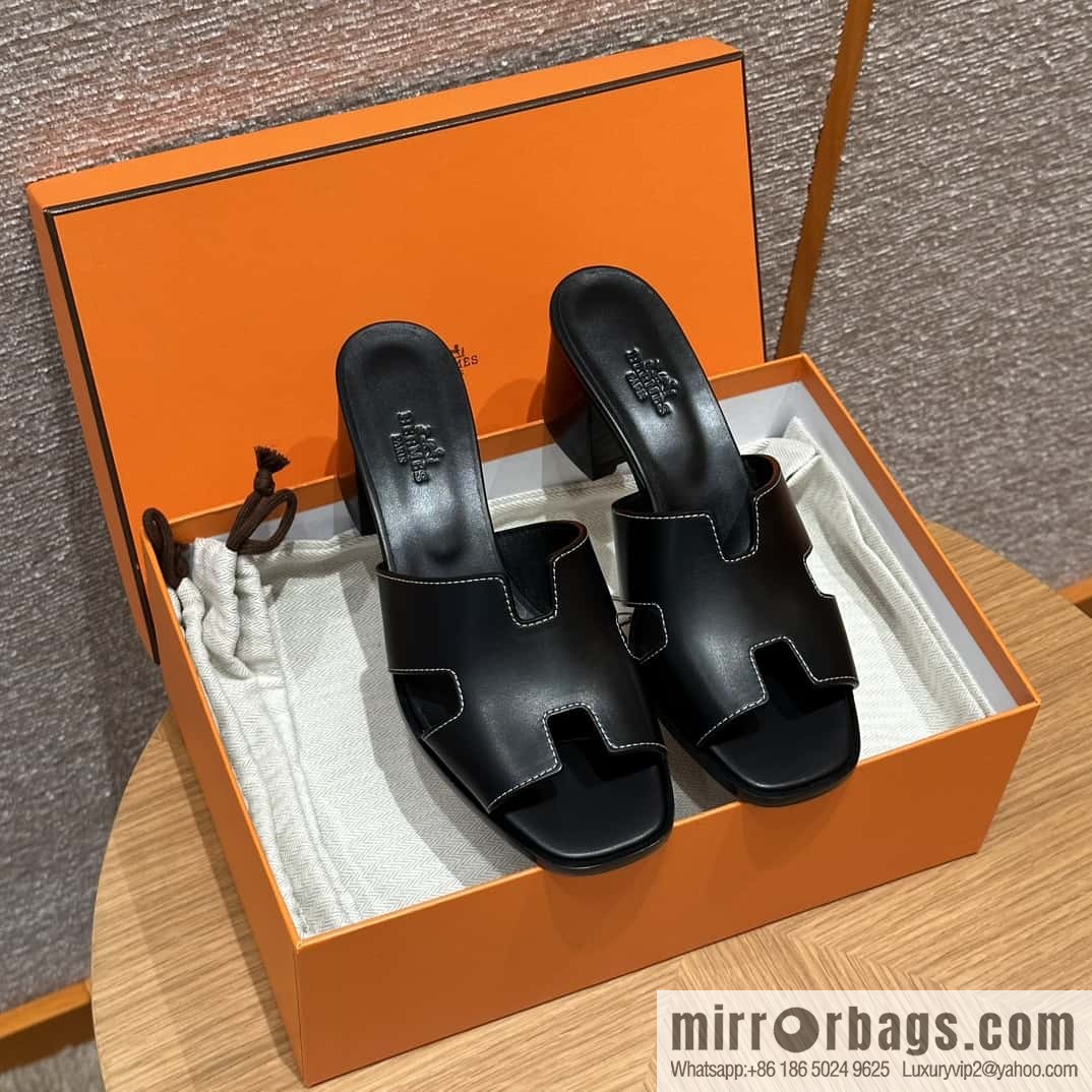 HERMES 308 Helia 60 Sandals, Calfskin/Calfskin Black/89/Black