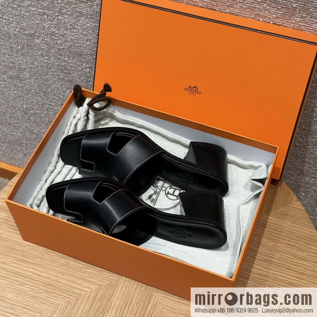 HERMES 308 Helia 60 Sandals, Calfskin/Calfskin Black/89/Black