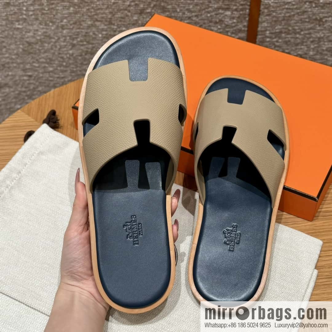 HERMES 182 Men's slippers Men's slippers Palmprint calfskin/Epsom/Calfskin trench coat gray/S2/Trench