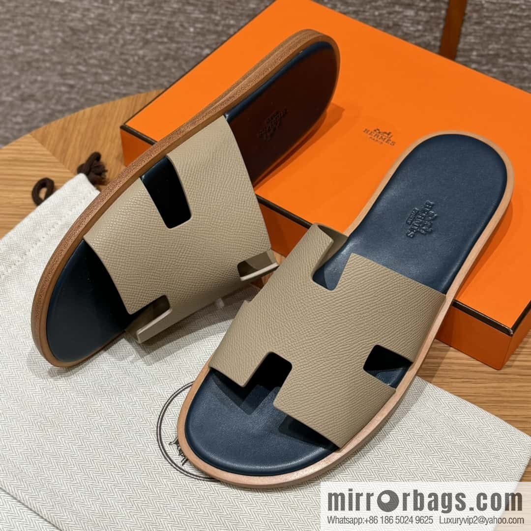 HERMES 182 Men's slippers Men's slippers Palmprint calfskin/Epsom/Calfskin trench coat gray/S2/Trench