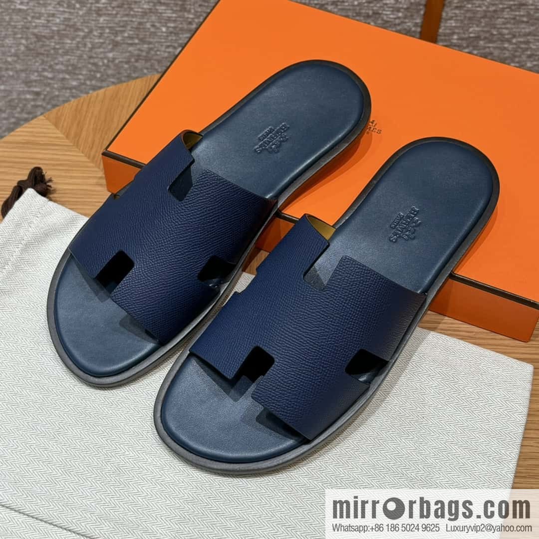 HERMES 182 Men's slippers Palm print calfskin/Epsom/Calfskin blue/Army blve