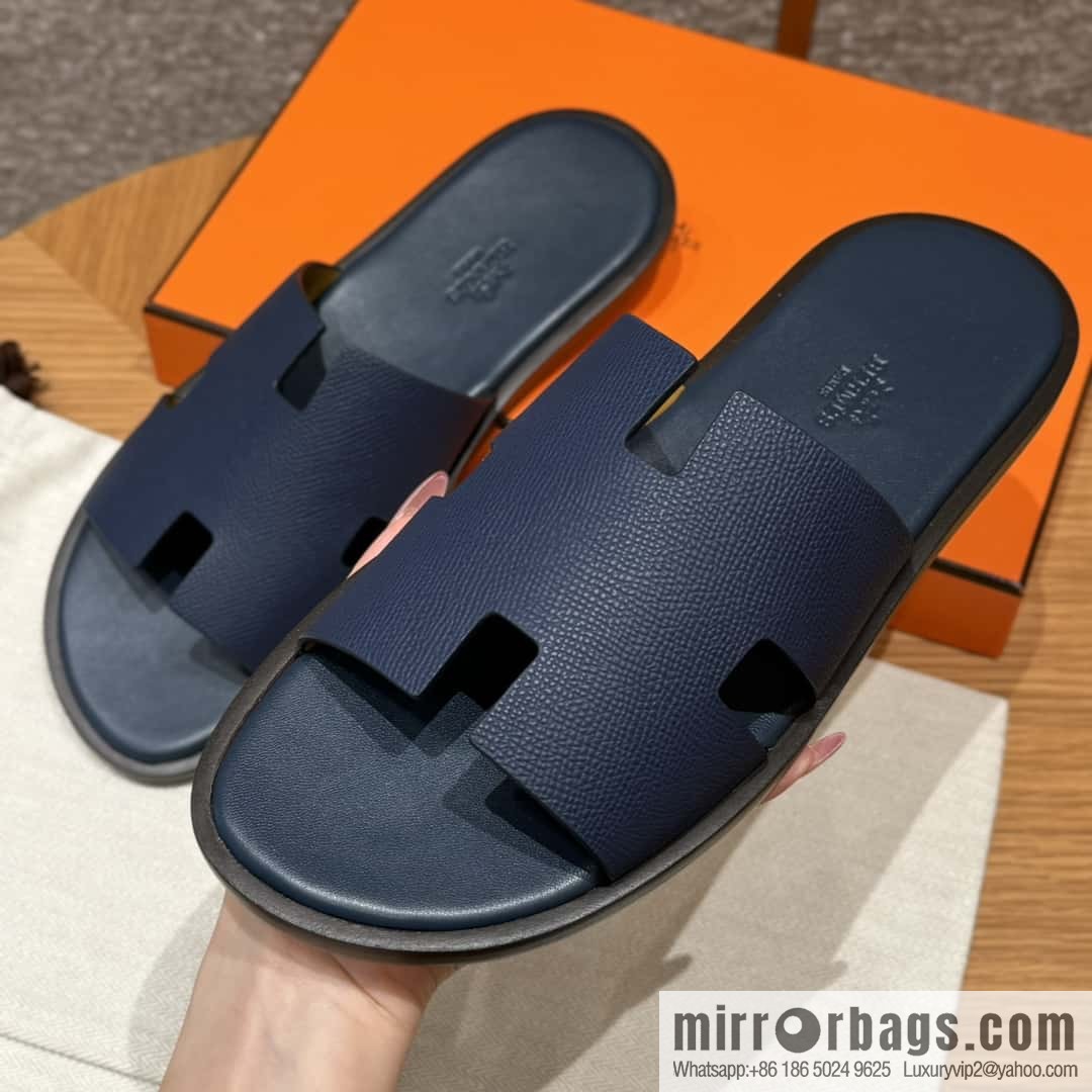 HERMES 182 Men's slippers Palm print calfskin/Epsom/Calfskin blue/Army blve