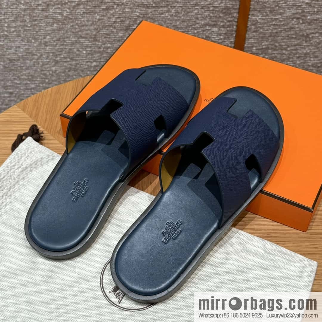 HERMES 182 Men's slippers Palm print calfskin/Epsom/Calfskin blue/Army blve