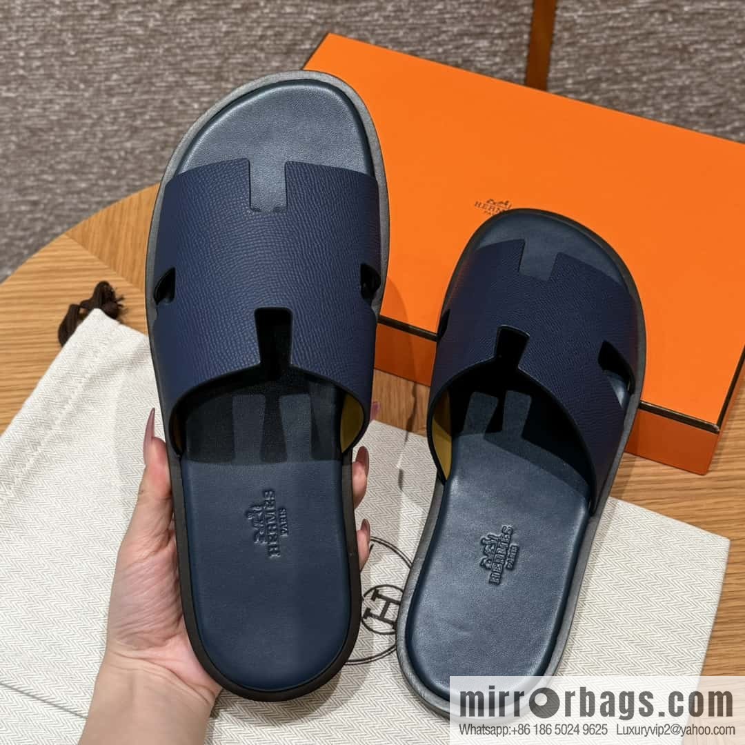 HERMES 182 Men's slippers Palm print calfskin/Epsom/Calfskin blue/Army blve