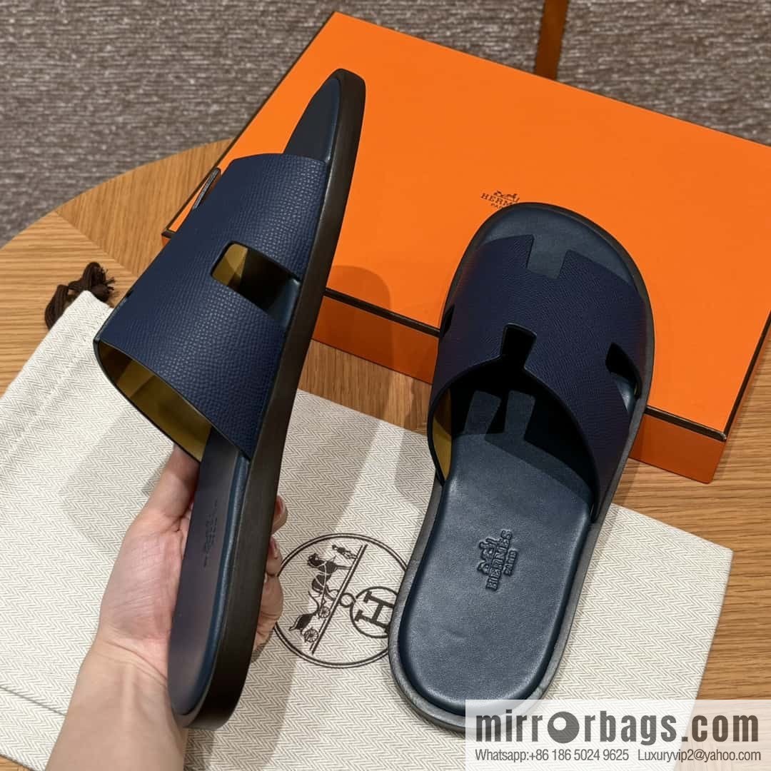 HERMES 182 Men's slippers Palm print calfskin/Epsom/Calfskin blue/Army blve