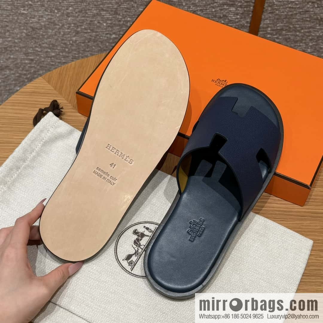 HERMES 182 Men's slippers Palm print calfskin/Epsom/Calfskin blue/Army blve