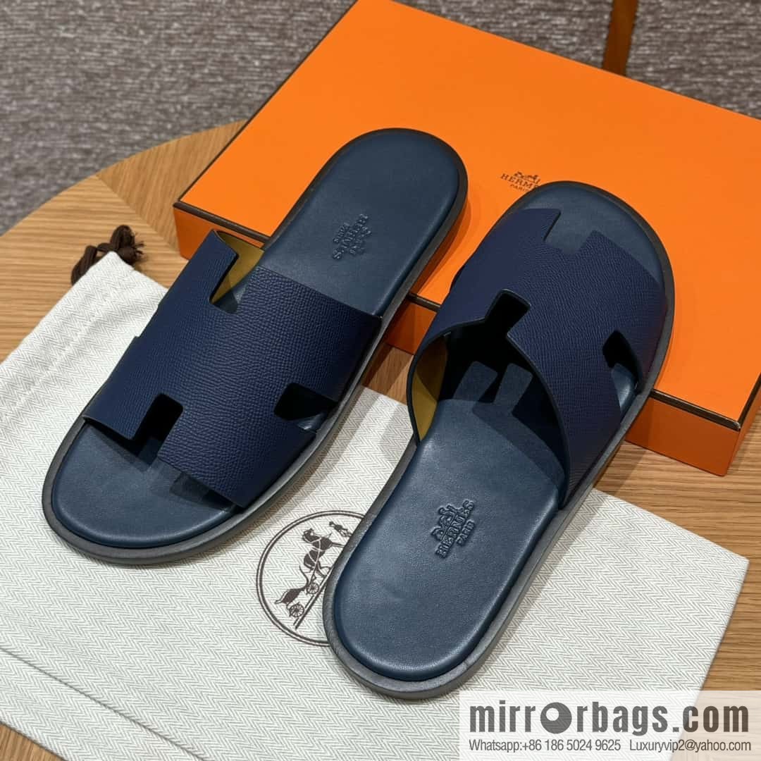 HERMES 182 Men's slippers Palm print calfskin/Epsom/Calfskin blue/Army blve