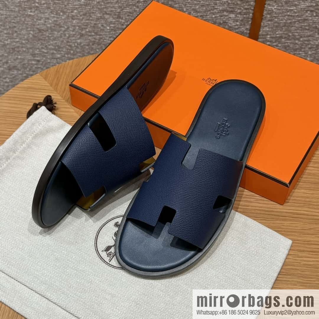 HERMES 182 Men's slippers Palm print calfskin/Epsom/Calfskin blue/Army blve