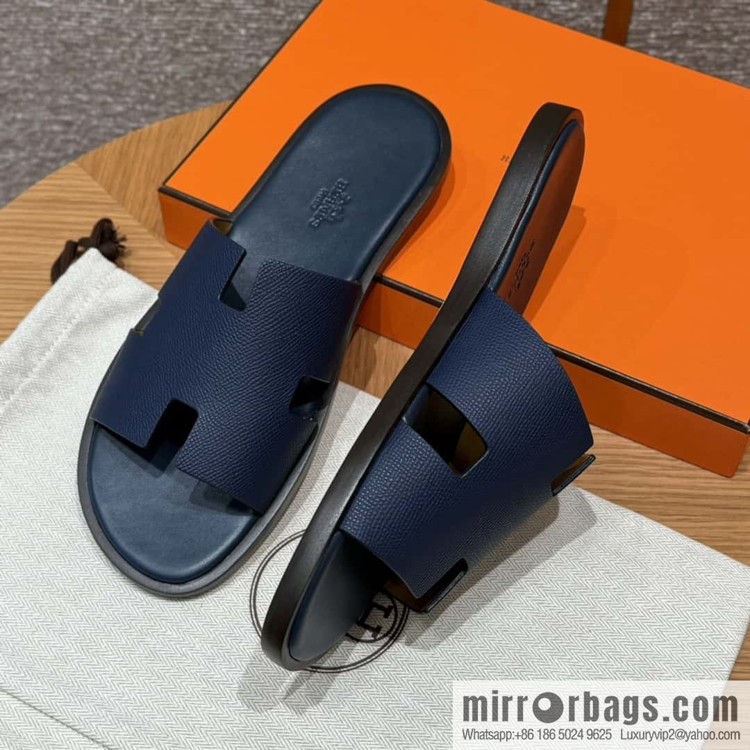 HERMES 182 Men's slippers Palm print calfskin/Epsom/Calfskin blue/Army blve