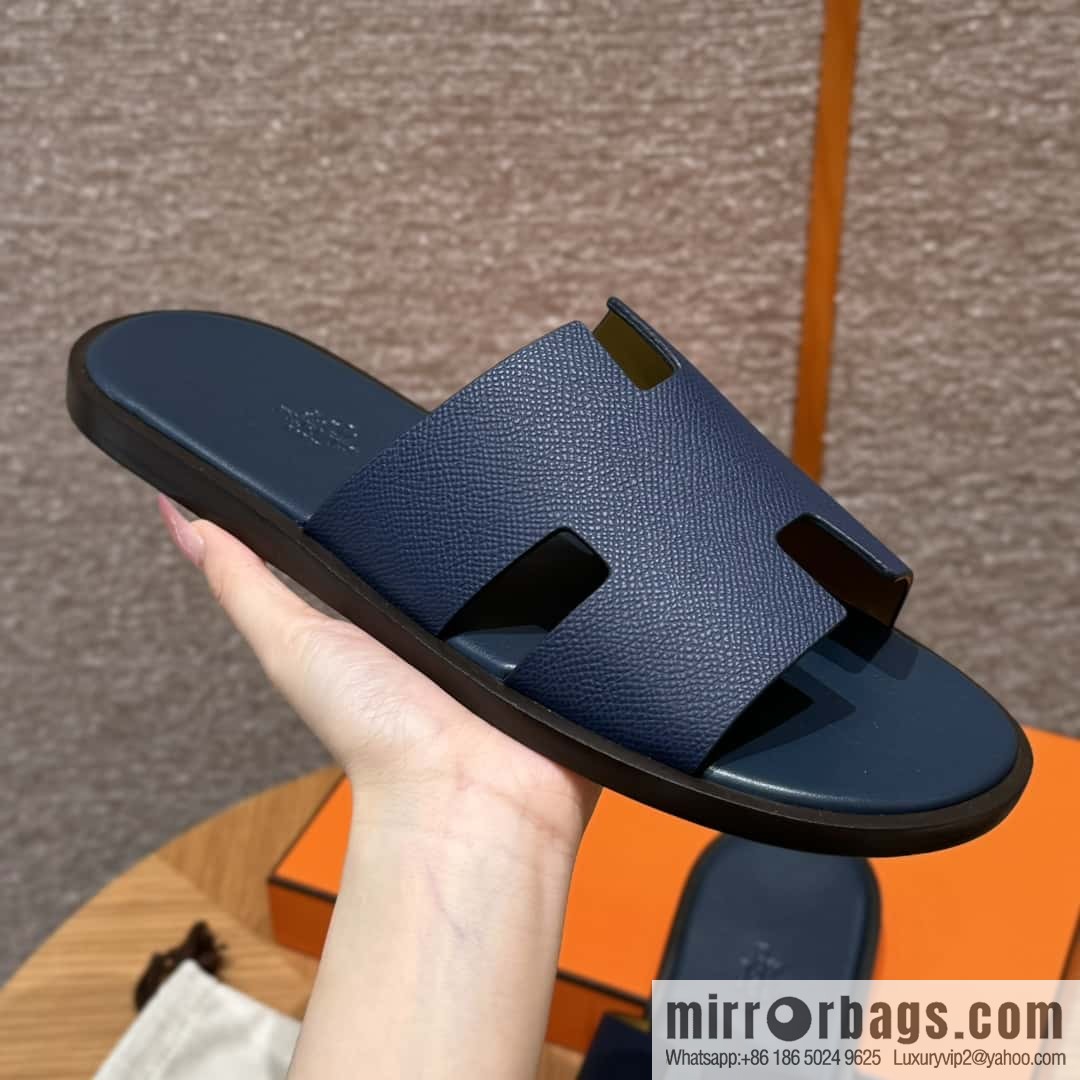 HERMES 182 Men's slippers Palm print calfskin/Epsom/Calfskin blue/Army blve