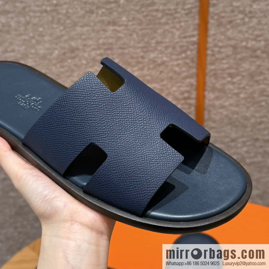 HERMES 182 Men's slippers Palm print calfskin/Epsom/Calfskin blue/Army blve
