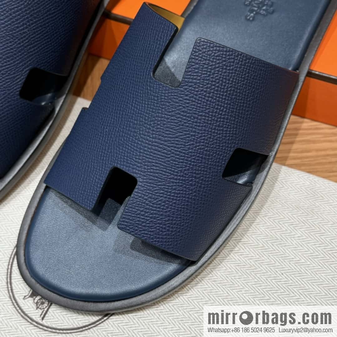 HERMES 182 Men's slippers Palm print calfskin/Epsom/Calfskin blue/Army blve