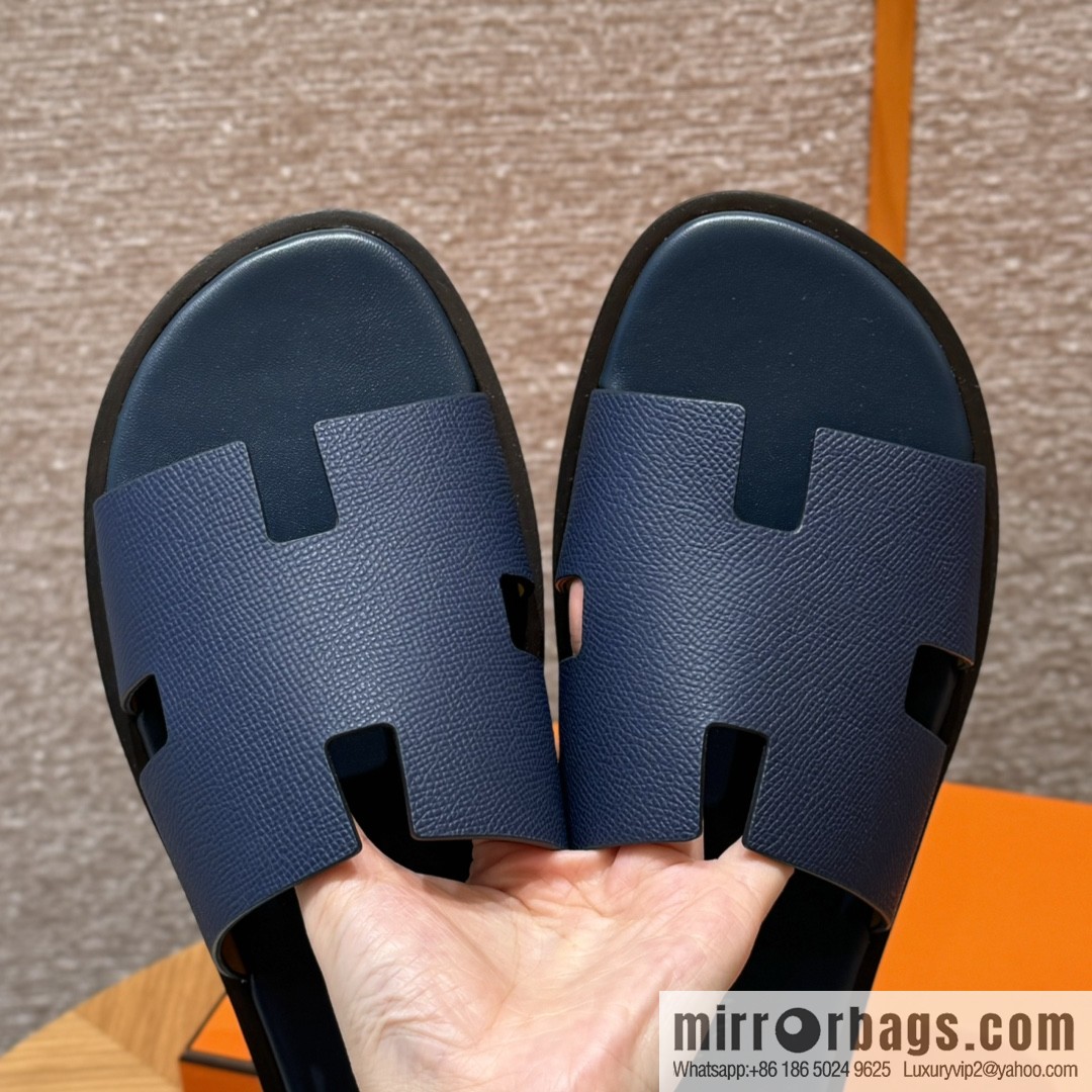 HERMES 182 Men's slippers Palm print calfskin/Epsom/Calfskin blue/Army blve