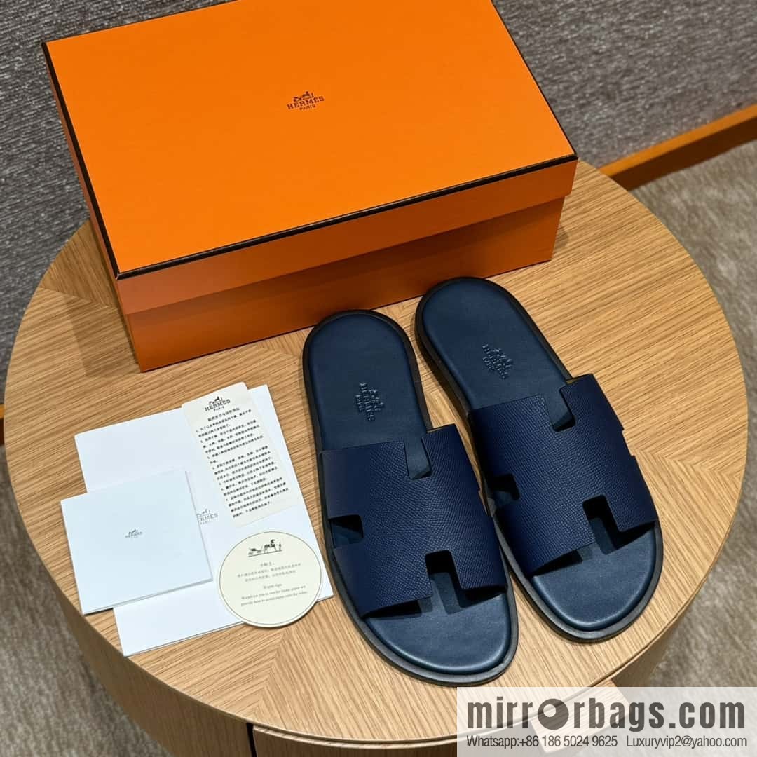 HERMES 182 Men's slippers Palm print calfskin/Epsom/Calfskin blue/Army blve