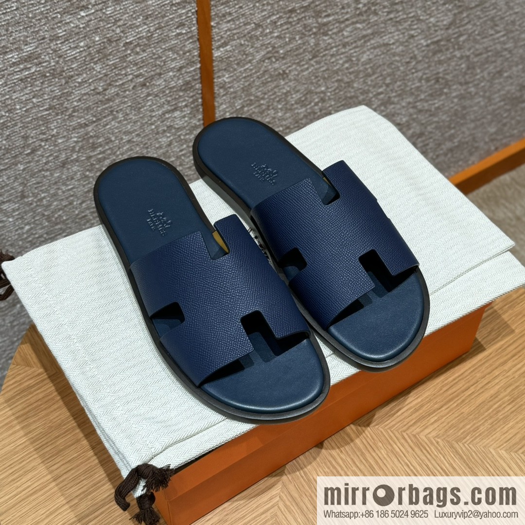 HERMES 182 Men's slippers Palm print calfskin/Epsom/Calfskin blue/Army blve