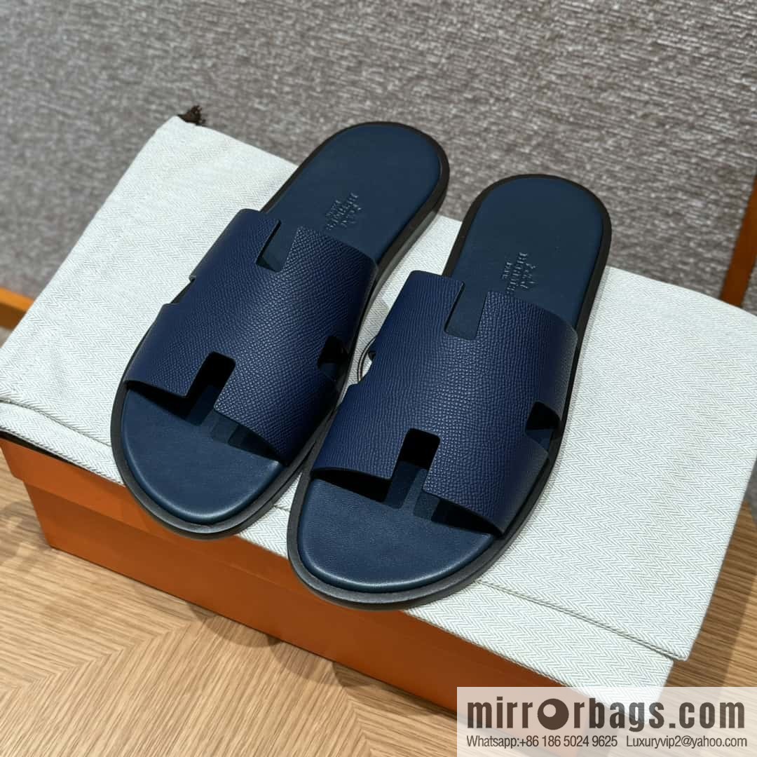 HERMES 182 Men's slippers Palm print calfskin/Epsom/Calfskin blue/Army blve