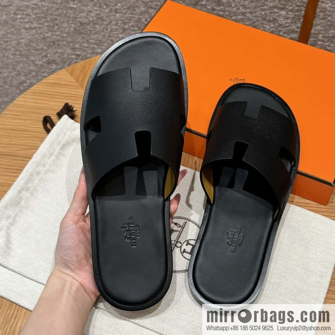 HERMES 182 Men's slippers Men's slippers Palm print calfskin/Epsom/Calfskin black/ck89/noir