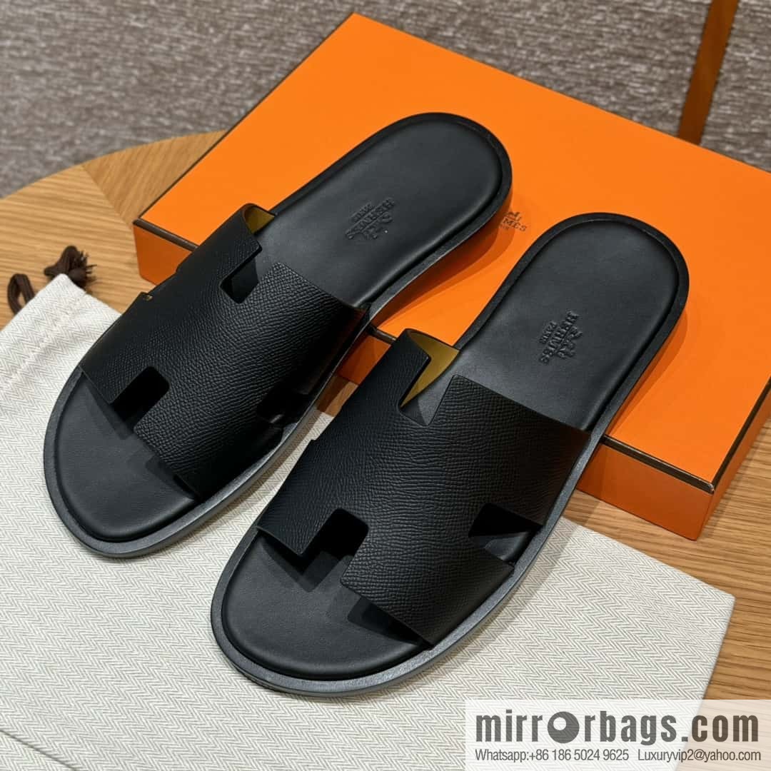 HERMES 182 Men's slippers Men's slippers Palm print calfskin/Epsom/Calfskin black/ck89/noir