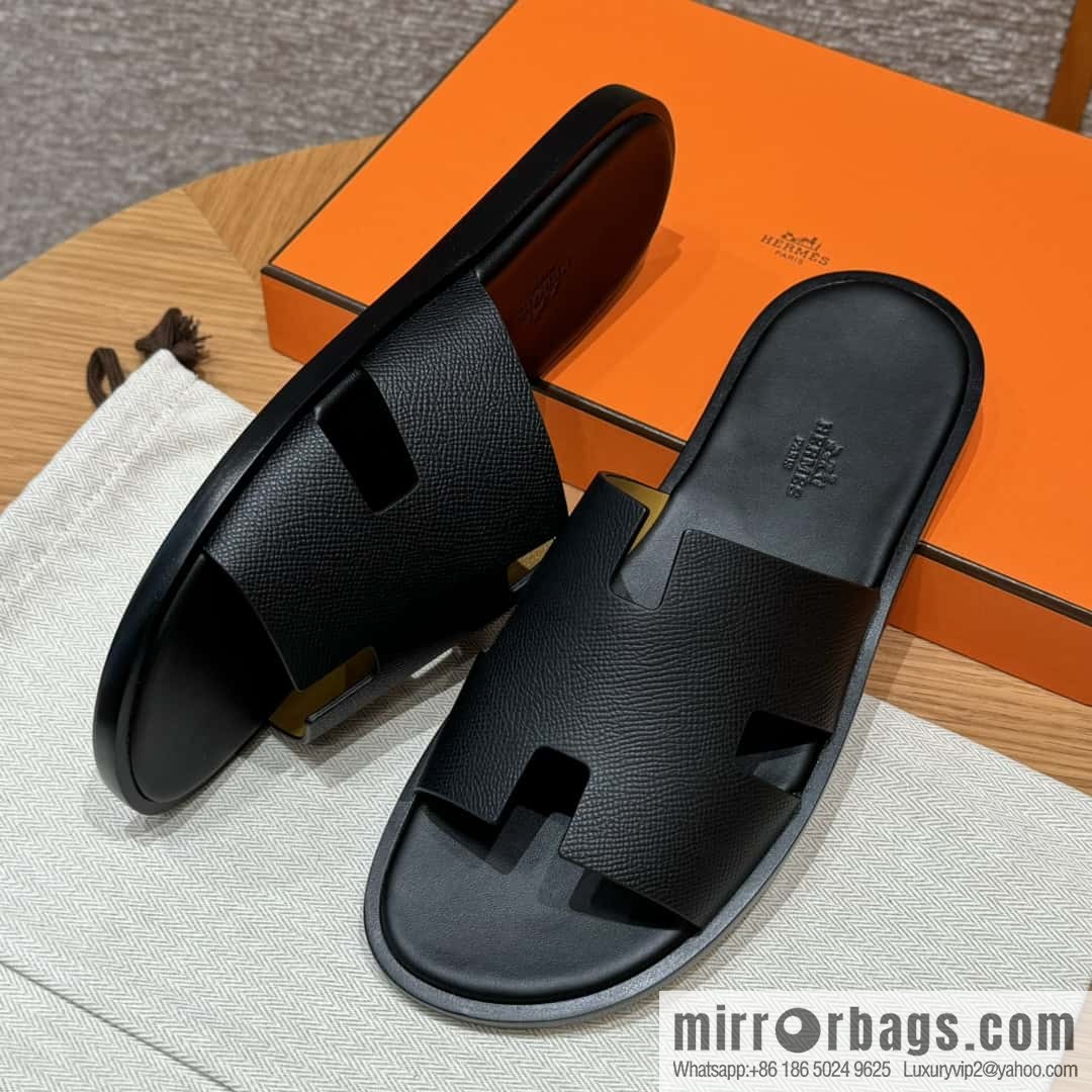 HERMES 182 Men's slippers Men's slippers Palm print calfskin/Epsom/Calfskin black/ck89/noir