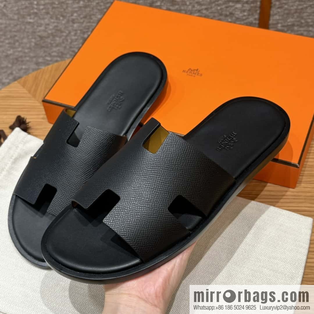 HERMES 182 Men's slippers Men's slippers Palm print calfskin/Epsom/Calfskin black/ck89/noir