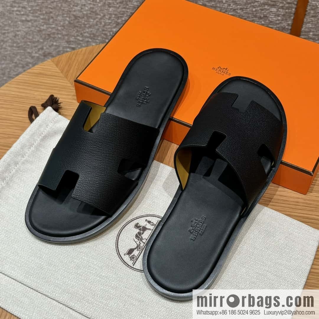 HERMES 182 Men's slippers Men's slippers Palm print calfskin/Epsom/Calfskin black/ck89/noir