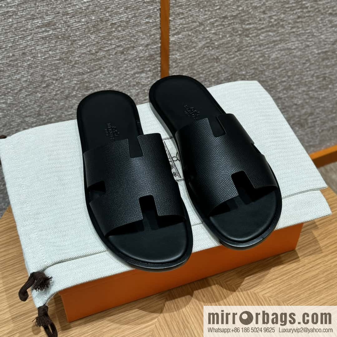 HERMES 182 Men's slippers Men's slippers Palm print calfskin/Epsom/Calfskin black/ck89/noir