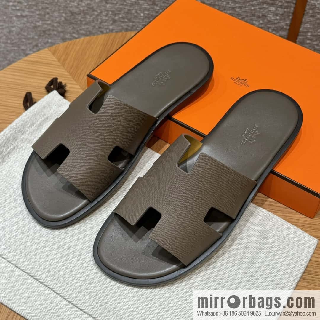 HERMES 182 Men's slippers Men's slippers Palmprint Calfskin/Epsom/Calfskin Elephant Grey/ck18/Etoupe