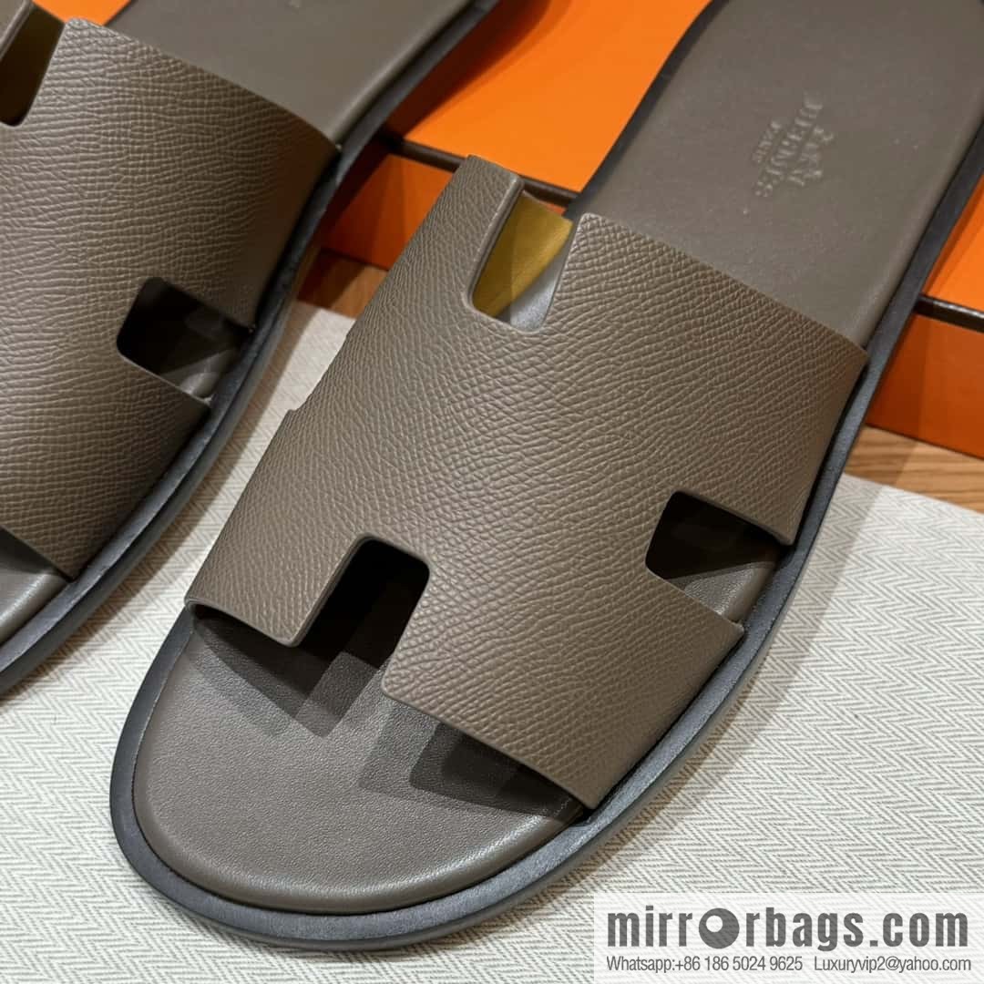 HERMES 182 Men's slippers Men's slippers Palmprint Calfskin/Epsom/Calfskin Elephant Grey/ck18/Etoupe