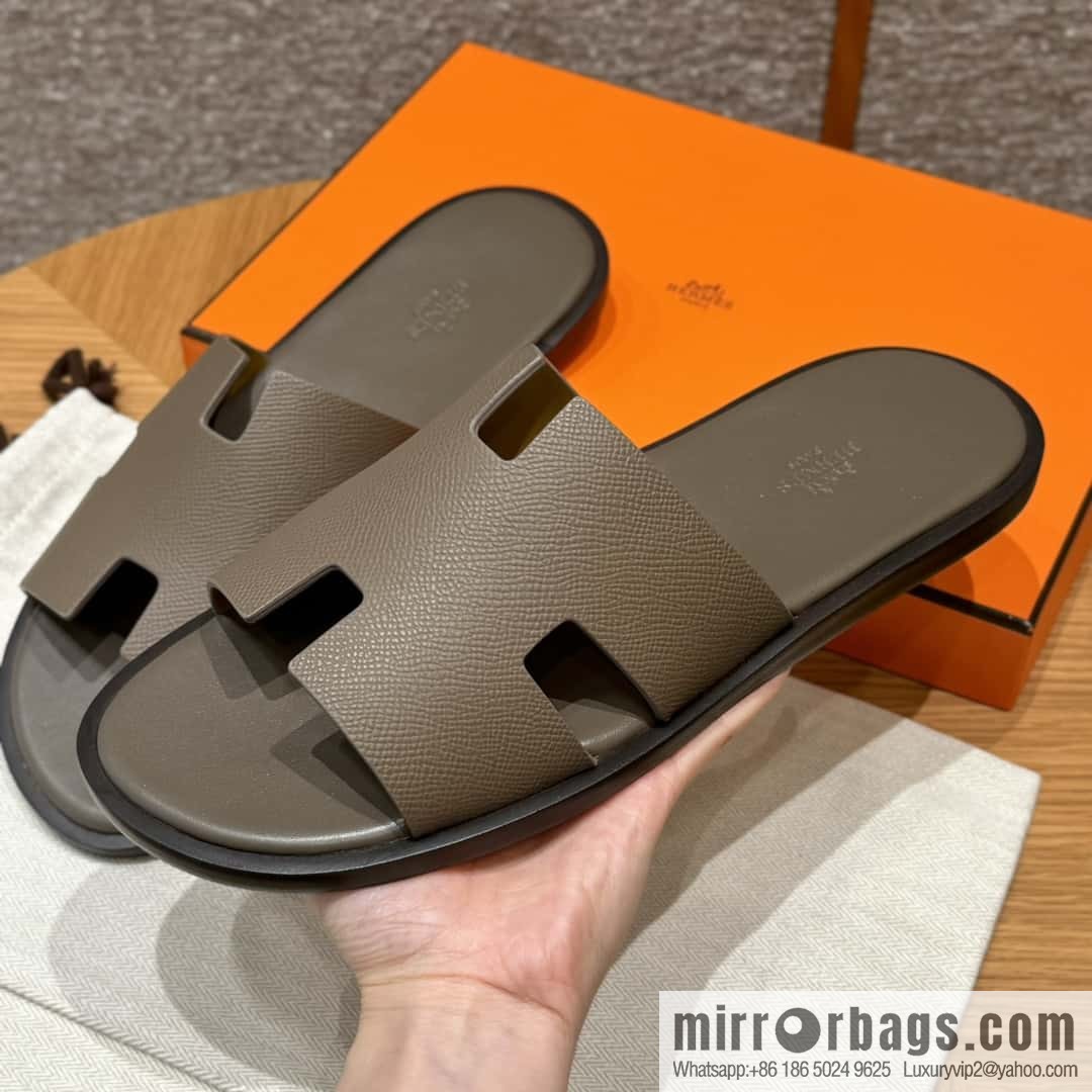 HERMES 182 Men's slippers Men's slippers Palmprint Calfskin/Epsom/Calfskin Elephant Grey/ck18/Etoupe