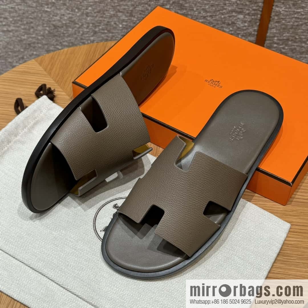 HERMES 182 Men's slippers Men's slippers Palmprint Calfskin/Epsom/Calfskin Elephant Grey/ck18/Etoupe
