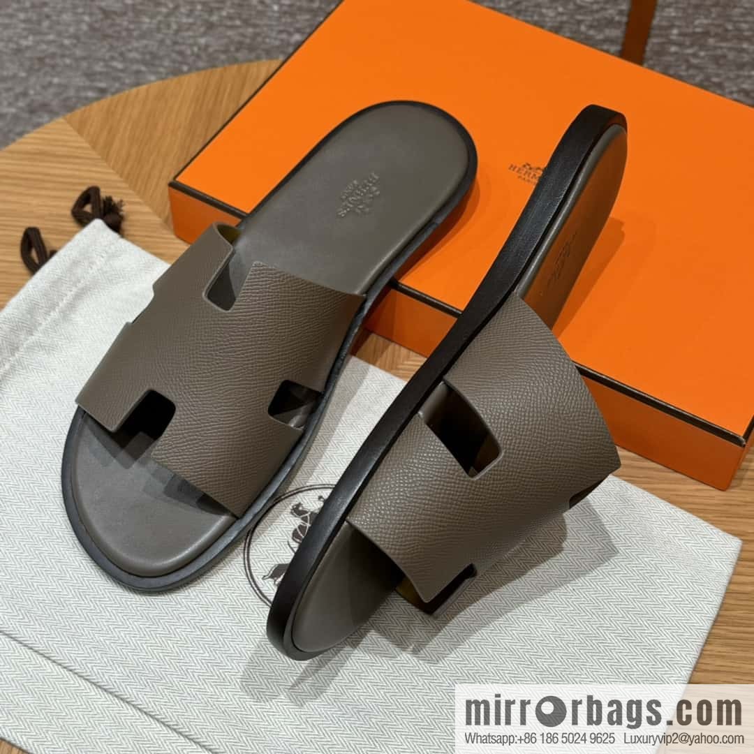 HERMES 182 Men's slippers Men's slippers Palmprint Calfskin/Epsom/Calfskin Elephant Grey/ck18/Etoupe