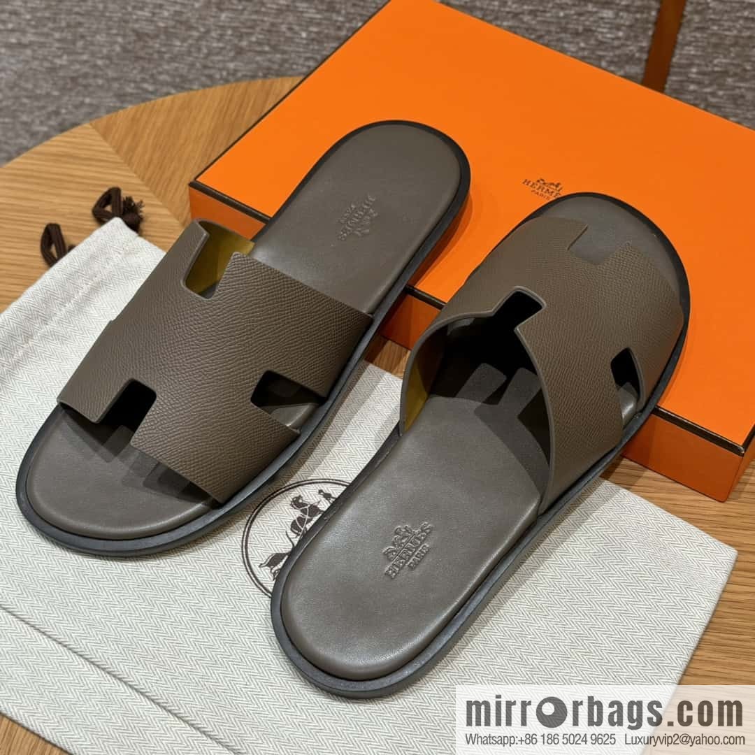 HERMES 182 Men's slippers Men's slippers Palmprint Calfskin/Epsom/Calfskin Elephant Grey/ck18/Etoupe