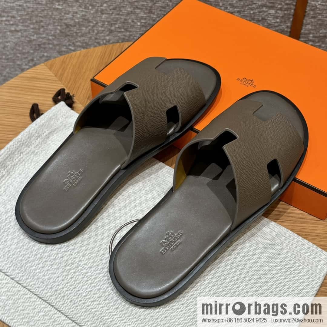 HERMES 182 Men's slippers Men's slippers Palmprint Calfskin/Epsom/Calfskin Elephant Grey/ck18/Etoupe